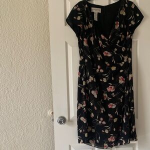 Evan Picone Black Floral Midi Dress with Pink and Cream Blooms